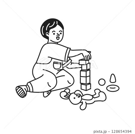 Child building tower with blocks in black and white 128654394