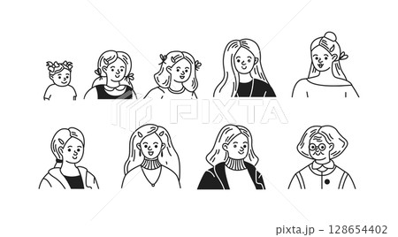 Diverse Female Characters in Simple Line Art Style Diverse Female Characters in Simple Line Art Style 128654402