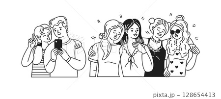 Happy Group of Friends Taking Selfies and Smiling Happy Group of Friends Taking Selfies and Smiling 128654413