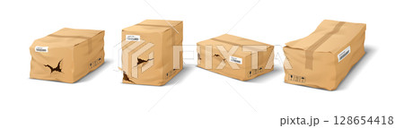 Damaged Cardboard Boxes with Labels and Barcodes Damaged Cardboard Boxes with Labels and Barcodes 128654418