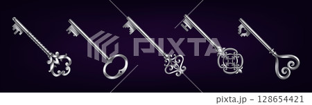 Collection of Ornate Silver Keys on Dark Background Collection of Ornate Silver Keys on Dark Background 128654421