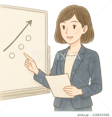 会社員　プレゼンをする女性　ビジネス　オフィス　水彩イラスト 128654566