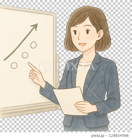 会社員　プレゼンをする女性　ビジネス　オフィス　水彩イラスト 128654566