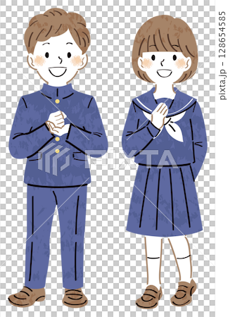 Illustration of male and female students in uniforms who are satisfied with the solution, full body 128654585