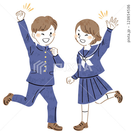 ジャンプしてガッツポーズする男の子とジャンプして手を振る女の子　制服姿の学生のイラスト　全身 128654586