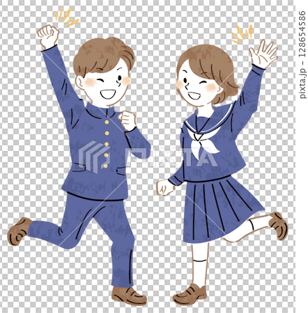 ジャンプしてガッツポーズする男の子とジャンプして手を振る女の子　制服姿の学生のイラスト　全身 128654586