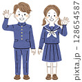 笑顔で手を振る制服姿の男女の学生のイラスト　全身 128654587