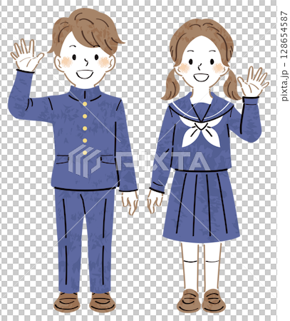 笑顔で手を振る制服姿の男女の学生のイラスト　全身 128654587