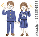 笑顔でガッツポーズをする制服姿の男女の学生のイラスト　全身 128654588