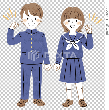 Illustration of male and female students in uniforms smiling and raising their fist in the air Illustration of male and female students in uniforms smiling and raising their fist in the air 128654588