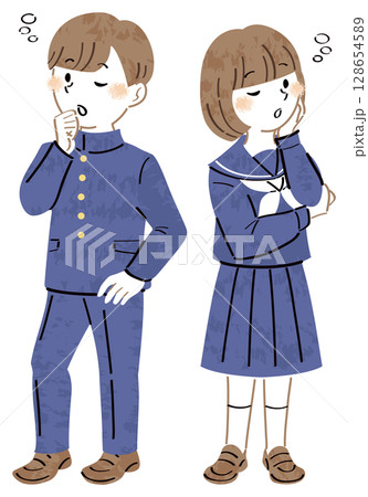 悩んだり考えたりする制服姿の男女の学生のイラスト　全身 128654589