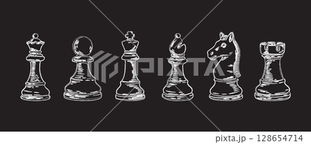 Chess sketch set drawn with chalk on blackboard Chess sketch set drawn with chalk on blackboard 128654714