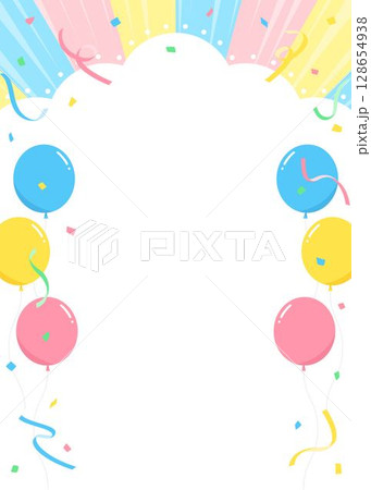 雲型の背景フレーム、風船、紙吹雪のデコレーション、縦向き 128654938