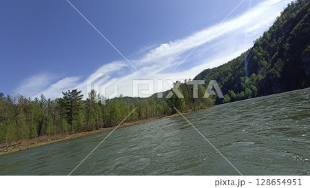 Scenic River Landscape with Lush Green Forest and Blue Sky, Perfect for Outdoor Adventures 128654951