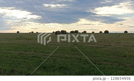 Golden Hay Bales Dotting the Vast Green Field Under a Dramatic Cloudy Sky at Sunset 128654956
