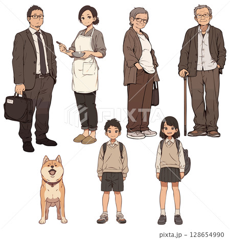 日本人三世代家族の人物イラストセット（祖父母・夫婦・子供・ペット） 128654990