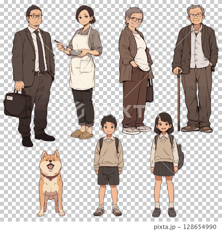 日本人三世代家族の人物イラストセット（祖父母・夫婦・子供・ペット） 128654990