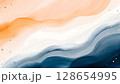 Abstract flowing waves of orange white and blue with subtle glitter particles creating a serene and elegant background 128654995