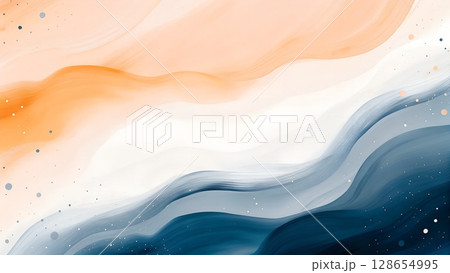 Abstract flowing waves of orange white and blue with subtle glitter particles creating a serene and elegant background Abstract flowing waves of orange white and blue with subtle glitter particles creating a serene and elegant background 128654995