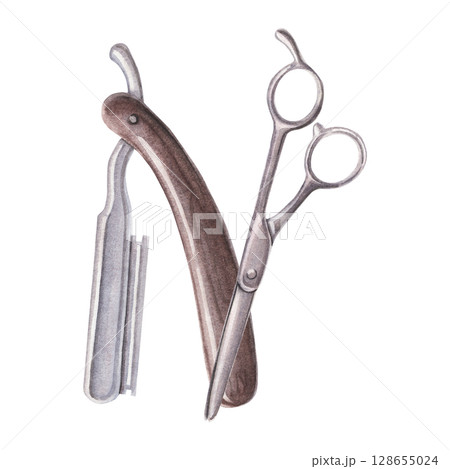 Vintage razor and scissors. Watercolor illustration of barbershop tools hand-painted on white. Ideal for barbershop, hairdresser branding, grooming designs, printing, cards and retro-themed projects Vintage razor and scissors. Watercolor illustration of barbershop tools hand-painted on white. Ideal for barbershop, hairdresser branding, grooming designs, printing, cards and retro-themed projects 128655024