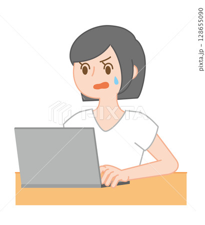 トラブルに遭遇するPC作業中の女性のイラスト トラブルに遭遇するPC作業中の女性のイラスト 128655090