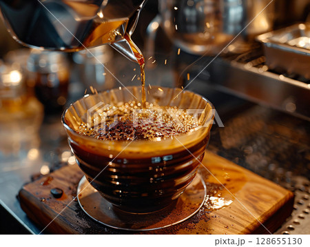 Roasted coffee, authentic coffee. A cup of coffee. roasted coffee beans. AI Generated. 128655130