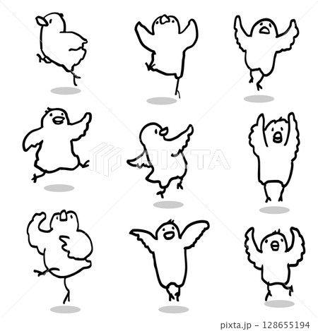 ジャンプするゆるかわひよこセット　線画 128655194