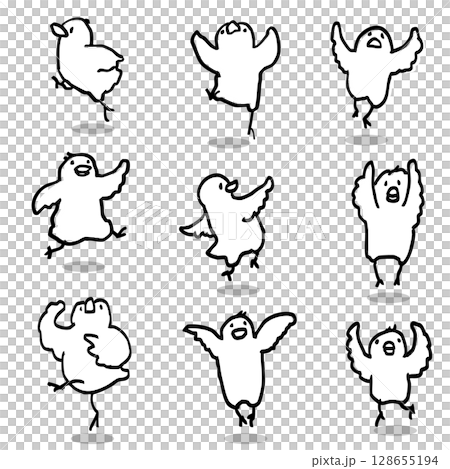 可愛又可愛的跳躍小雞套裝-線條畫 128655194