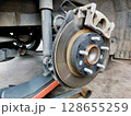Car brake disc without wheels closeup, Disc brake of the vehicle for repair, in process of new tire replacement. 128655259
