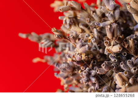 Macro shot of dried lavender sprigs collected in a bouquet on a bright background. Concept for advertising Macro shot of dried lavender sprigs collected in a bouquet on a bright background. Concept for advertising 128655268