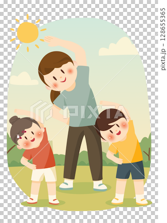 適合父母和孩子的有趣晨練，家庭伸展運動 128655365