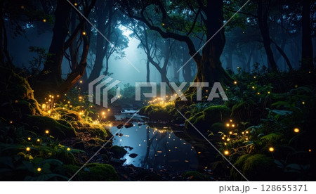 《AI画像》蛍の群れが光る夜の森 128655371