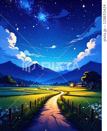 《AI画像》星が煌めく夜の田舎道 《AI画像》星が煌めく夜の田舎道 128655424