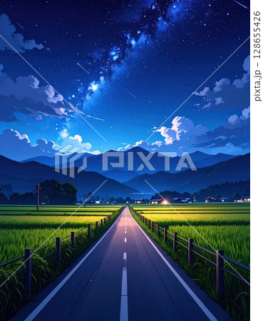 《AI画像》星が煌めく夜の田舎道 128655426