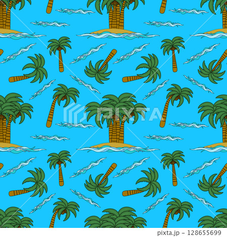 Summer seamless pattern of tropical islands, palm trees, and ocean waves on blue background. For summertime, vacation or kids theme, clothing design, bedding, wrapping paper, and nursery wallpaper. Summer seamless pattern of tropical islands, palm trees, and ocean waves on blue background. For summertime, vacation or kids theme, clothing design, bedding, wrapping paper, and nursery wallpaper. 128655699