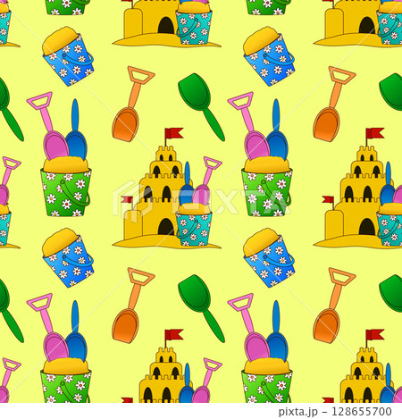Summer seamless pattern of sand castle, beach bucket, shovel, and playful beach toys on yellow background. For summertime theme, clothing design, bedding, wrapping paper, and nursery wallpaper. 128655700
