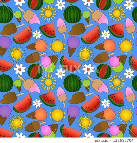 Summer seamless pattern of ice cream, watermelon slices, whole melons, sun, and white flowers on blue background. For summertime theme, clothing design, bedding, wrapping paper, and nursery wallpaper. Summer seamless pattern of ice cream, watermelon slices, whole melons, sun, and white flowers on blue background. For summertime theme, clothing design, bedding, wrapping paper, and nursery wallpaper. 128655704