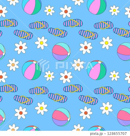 Summer seamless pattern of beach balls, striped flip flops, and white daisy flowers on blue background. For summertime or vacation theme, clothing design, bedding, wrapping paper, nursery wallpaper. 128655707