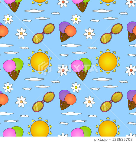 Summer seamless pattern of ice cream cones, sun, sunglasses, clouds, and white flowers on blue sky background. For summertime theme, clothing design, bedding, wrapping paper, and nursery wallpaper. 128655708