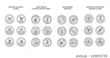 Healthy Food Icons and Emblems. Line Art Badge Set for Certified Organic Claims, Packaging, Branding, Ad, etc. Editable stamps with text in a vector illustration 128655738