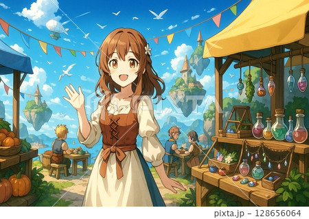 浮遊島の市場を訪れた少女と青空に広がるファンタジーの風景 128656064