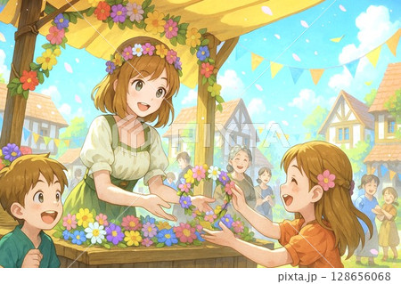 花かんむりを受け取る子どもたちと微笑む女性の心温まる風景 128656068
