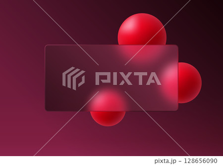 Glass morphism panel with ruby red glossy spheres. 128656090