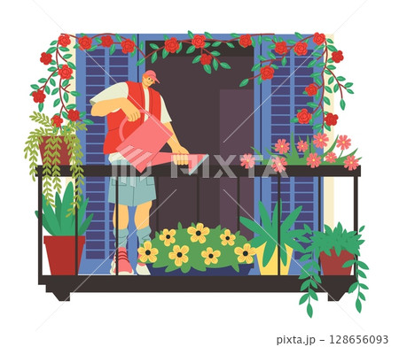 City building. Man watering flowers. Home balcony. Guy caring of plants in flowerpots House garden terrace. Summer domestic gardening. Apartment window. Young gardener growing blossoms. Vector concept 128656093