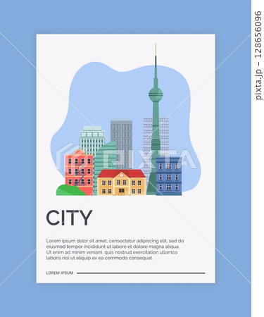 City building. Cityscape banner design. Urban architecture panorama. Downtown skyscrapers and tower. Town house property. Home build construction. Modern real estate. Vector architect poster template City building. Cityscape banner design. Urban architecture panorama. Downtown skyscrapers and tower. Town house property. Home build construction. Modern real estate. Vector architect poster template 128656096