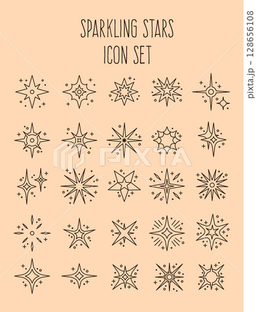 Sparkle star icon. Stardust hand drawn elements, galaxy flash, supernova, cosmic glow. Astronomy sign, night sky light. Universe stellar, outline shapes for design vector celestial doodle isolated set 128656108