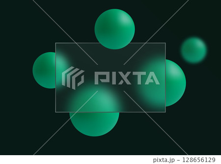 Dark glass morphism panel with green spheres on black background. Dark glass morphism panel with green spheres on black background. 128656129