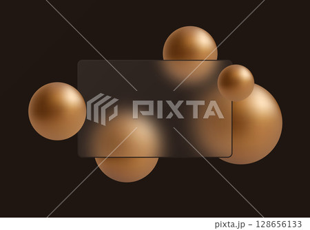 Dark glass morphism panel with bronze spheres on black background. 128656133