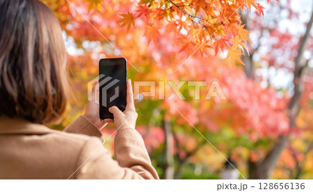 《AI画像》秋の紅葉をスマホで撮影する若い女性 128656136