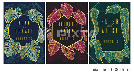 Elegant tropical leaves. Black premium, golden botanical elements card design, frame floral. Luxury autumn wedding invitation template. Banana and monstera palm. Vector celebration with line pattern 128656150